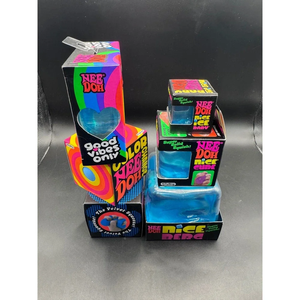Blue NeeDoh Sensory Toy Lot Nice Berg Cube Ice Baby Heart Fuzz Ball Change